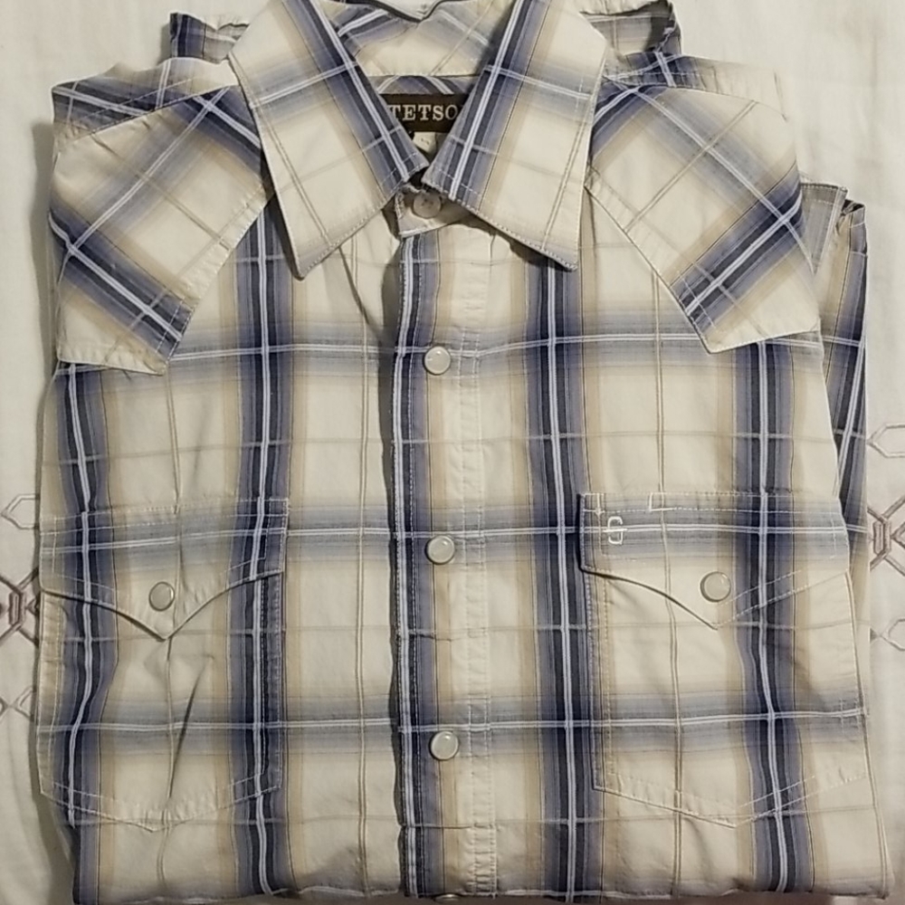 Men's blue white and tan Pearl snap